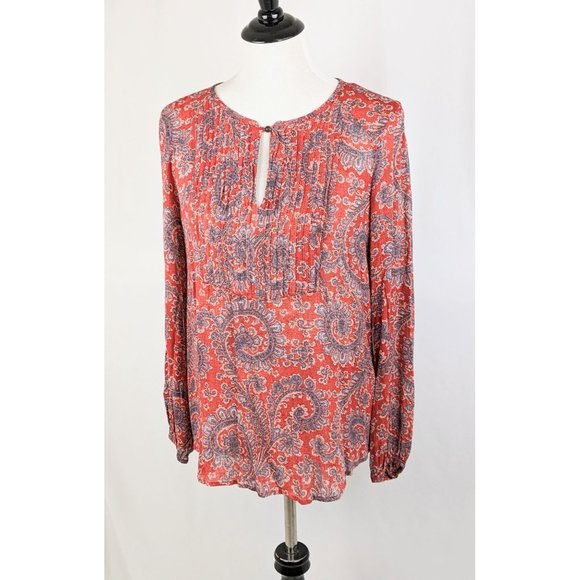 Maroon Paisley Print Peasant Blouse Flowy Pleated Casual Top Balloon Sleeves - Picture 9 of 9